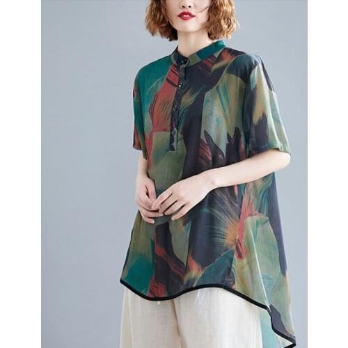 Women Chiffon Blouses Shirts New Arrival 2021 Summer Simple Style Vintage Print Stand Collar Loose Female Casual Tops S3276