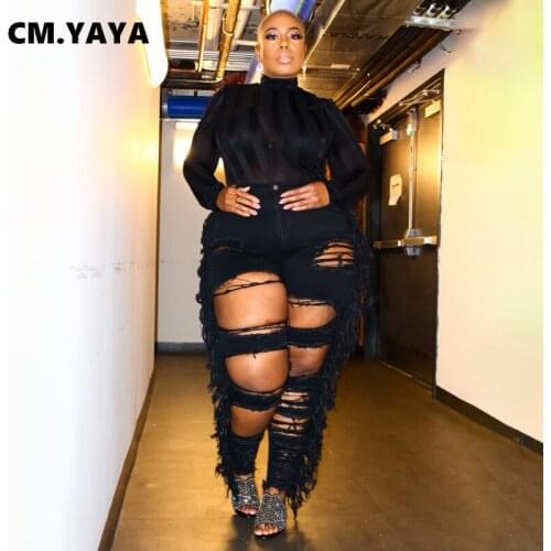 CM.YAYA Women Plus Size Jeans Tassel Ripped Hole Mid Waist Zipper Pockets Skinny Pencil Denim Pants Sexy Fashion Trousers Autumn