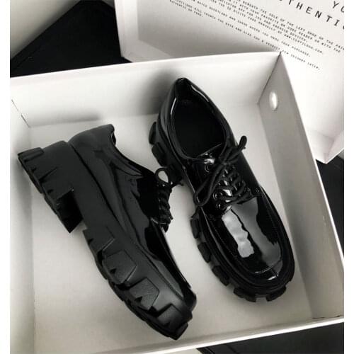 Lace Up Mocasines Mujer Flat Loafers Zapatos De Dama Black Patent Leather Creepers Platform Shoes Woman Oxford Feminino Sapato