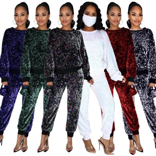 Colorful Sparkly Sequined Spliced 3 Pieces Sets Woman Tracksuits Round Neck Long Sleeve Pullover+straight Pant+with Mask Outfits