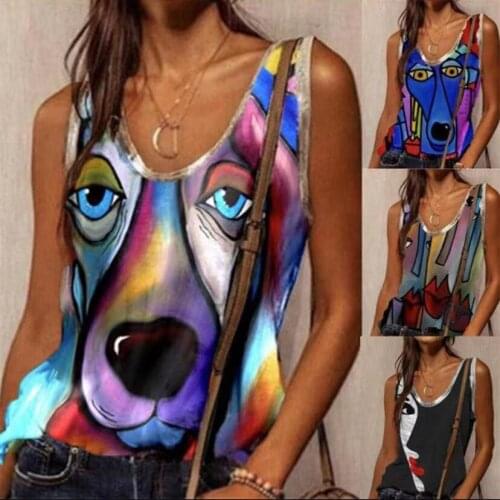 2021 Summer New Fashion Womens V Neck Cartoon Face Casual Loose Vest Printing Plus Size Pullover Sleeveless T-Shirt