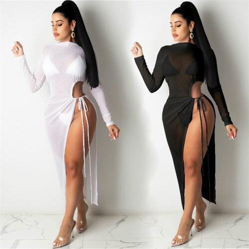 2021 New Women Mesh Sheer Maxi Split Dress Summer Long Sleeve See Through Bodycon Club Sexy Beach Swimwear Cover-ups