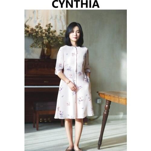CYNTHIA Chinese-style 2020 Womens New Spring Silk Dresses Vintage Mandarin Customized Collar OL Floral-printed Dress Summer
