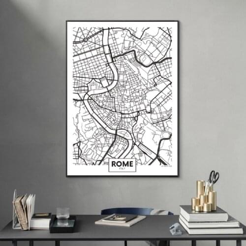 Famous City Map Itely Rome Printed Canvas Painting Wall Art Pictures Black White Posters and Prints for Living Room Home Decor