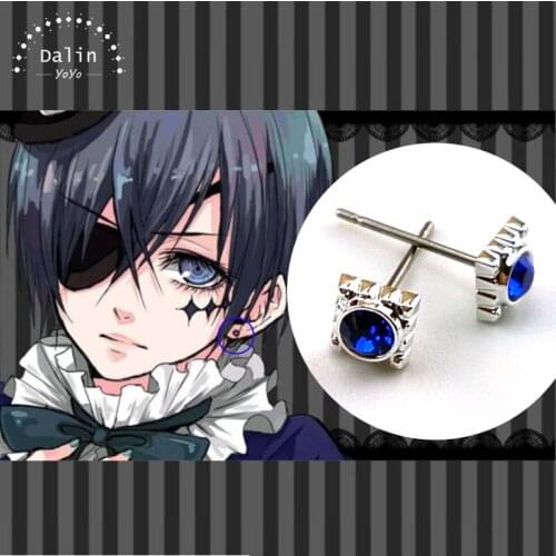 1 Pair Anime Black Butler Cosplay Kuroshitsuji Square Gear Magic Blue Rhinestone Stud Earrings Earrings For Women Men Jewelry