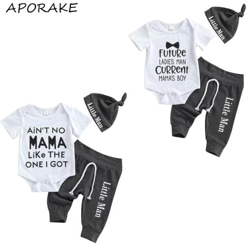 2021 0-18M Baby Boys Clothing Summer Outfits Short Sleeve Letter Print Romper+Knot Front Pants+Little Man Hat Set Cotton 3pcs