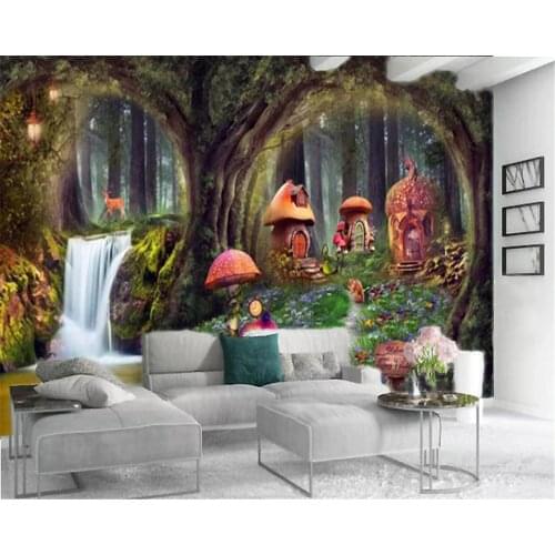 3d Bedroom Wallpaper Red Mushroom Room Fantasy Forest Sika Deer Waterfall Living Room Bedroom Formaldehyde-free Wallpaper