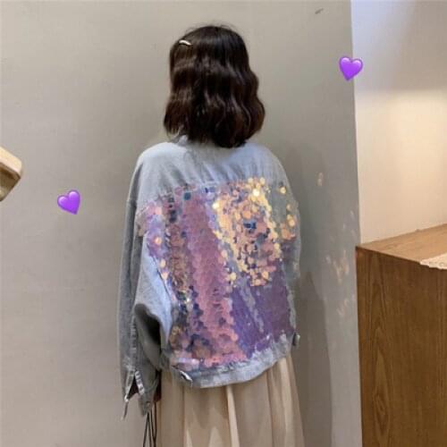 Spring Autumn Streetwear Women Mermaid Sequins Splice Loose Denim Jacket 2021 Girls High Street Casual Short Jeans Coats A764