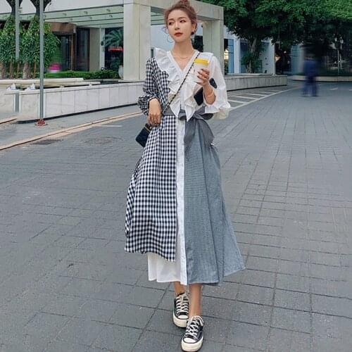 Long Summer Dress Female Korean Loose M-4XL Size Black White Plaid Ruffled Cotton High Waist Stitching Fashion Womens Dresses
