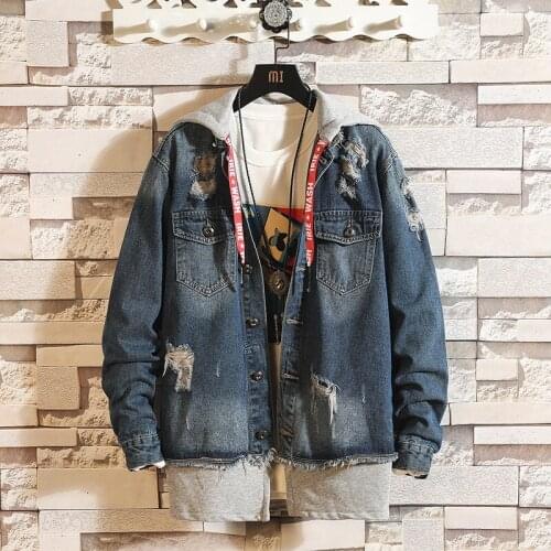 Denim Jeans Jacket Men Hooded 2018 New Fashion Mens Jeans Jacket Spring Autumn Vintage Frayed Jeans Jackets Male