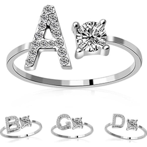Classic Engagement Ring A-Z 26 Letters Cubic Zirconia Fashion Women Open Finger Ring Charming Jewelry Gift For Wedding Party