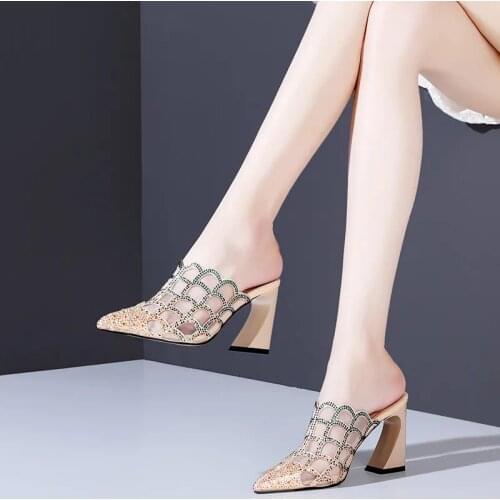 Summer High Heel Slippers Womens Sandals Breathable Mesh Hollow Rhinestone Pointy Toe Thick Heel Wrapped Toe Slippers