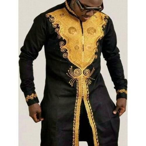 Men Shirt Slim Stand Collar Color Block Long Sleeve Print Mid-Length T-shirt For Male Clothing Young Fashion Muslim African Tee