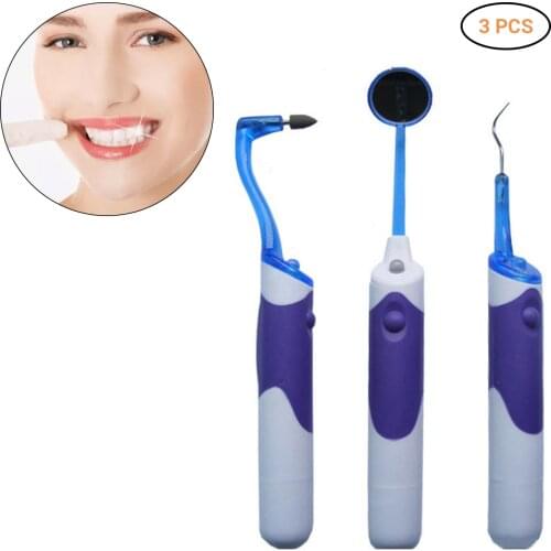 3Pcs Teeth Cleaning Kit LED Light Oral Mirror Hook Tooth Grinding Personal Oral Care Kit Eliminate Tooth Stains Tartar