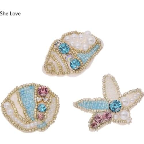 Chzimade 3Pcs/lot 3D Handmade Rhinestone Shell Starfish Conch Beaded Patches For Clothes Sewing On Applique Diy Crafts
