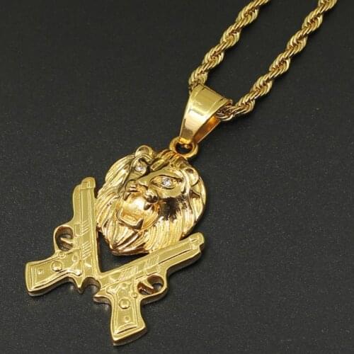New Fashion Charm Iced Out Blimg Punk Lion Head with Two Gun Pendant Stainless Steel Jewelry Necklace Hip Hop Jewelry for Men