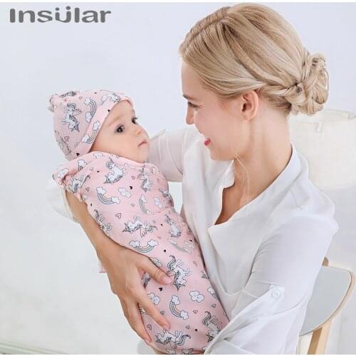 Insular Newborn Baby Blanket Printed Swaddle with Caps Infant Cartoon Wrapped Swaddling Cotton Sleeping Bag Blanket Bath Towel