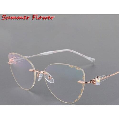 Butterfly Style Transparent Lenses Titanium Female Eyewear Diamond Trimmed Rimless Spectacle Frame Women Sunglasses Tint Lenses