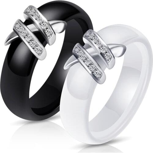 Double X Couple Rings For Women Jewelry Black White Ceramic Ring Men Crystal Engagement Ring Lovers Women Men Gothic Rings Lady