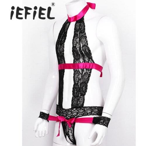 Sexy Mens Adults Sissy Gay Male Bodysuit Romper Lingerie Bodystocking Open Crotch Bodysuit Nightwear Sleepwear with Bracelets