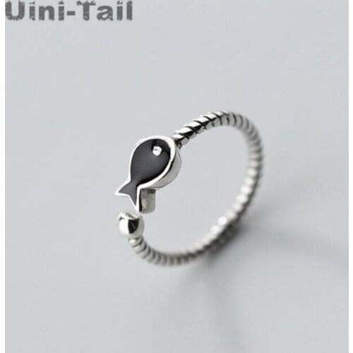 Uini-Tail hot new 925 sterling silver explosion models creative cute black fish open ring Korean fashion tide flow jewelry GN987