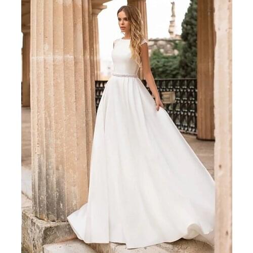 Gorgeous O-Neck Sleeveless Ivory Sweep Train Satin A Line Open Back Wedding Dress Bride Gown Vestidos De Novia With Beading