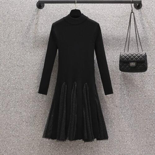 M-4XL 2021 autumn winter elegant vintage kintting thick dresses long sleeve half turtleneck fashion mesh Patchwork dress women