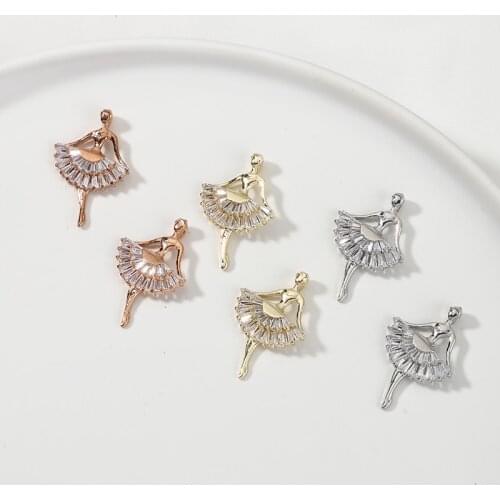 Copper 18K Gold Silver Zircon Ballet Girl Pendant Charms 1pcs For DIY Jewelry Necklace Making Accessories