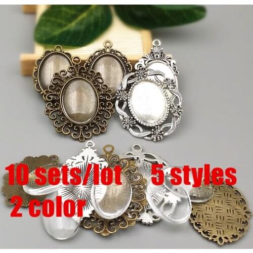 10 sets/lot 5 Styles (Fit18*25mm) filigree cameo cabochon base setting pendant + clear glass cabochons Wholesale 2016(A1005)