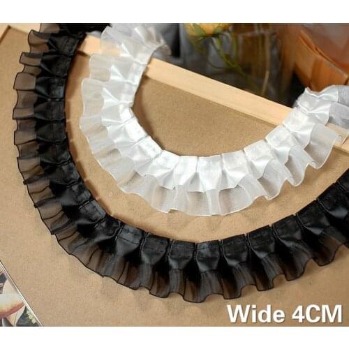 4CM Wide White Black Double Layers Satin Pleats Chiffon Fabric Lace Ribbon Ruffle Trim Dress Collar Neckline DIY Sewing Supplies