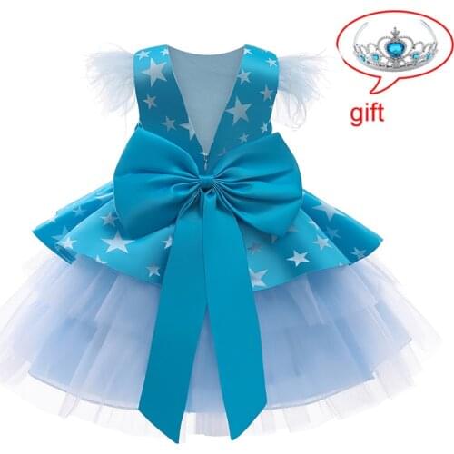 Kids Glitter Party Bow Dresses Puffy Royal Blue Girl Princess Gowns Flower Girl Dresses Kids Baby Prom Wear 2021 Summer New 1-5Y