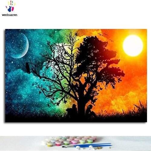 Picture DIY digital painting by digital painting Christmas birthday unique gift "day and night tree" handmade painting