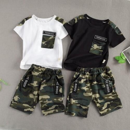 Infant Kids Boy Camouflage Print Set, Short Sleeve Crew Neck Top with Pocket and Short Pants 2 Pcs Suit Summer