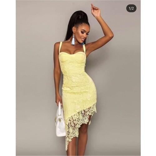 High Quality Yellow White Slip Lace Elegant Rayon Bandage Dress Fashion Bodycon Club Party Dress Vestidos