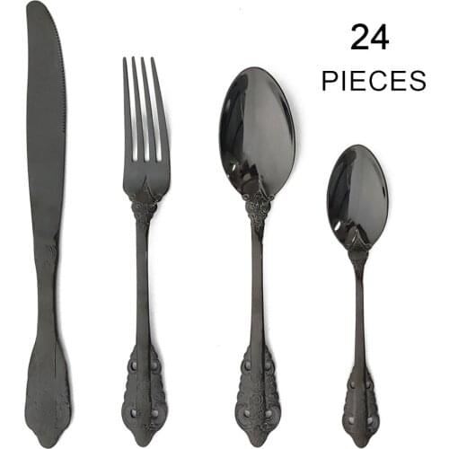 24Pcs/Set Black Dinnerware Set Rose Tableware Set 304 Stainless Steel Flatware Knife Fork Spoon Dinner Set Mirror Cutlery Set