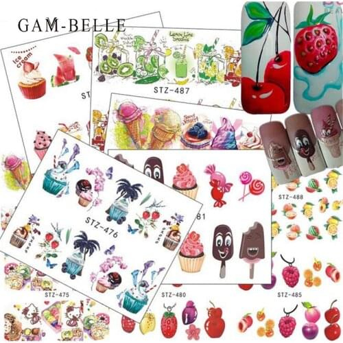 GAM-BELLE 18 Sheets Mixed Designs Nail Sticker Cake/Ice Cream Pattern Nail Wraps Transfer Decals Nail Decoration Manicure Tool