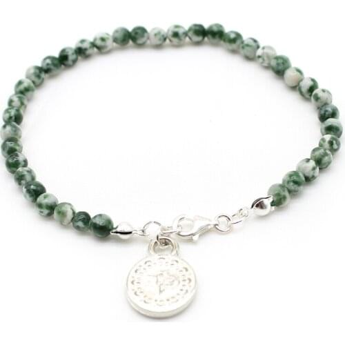 Natural Green Spot Stone Beads Round Chalcedony Stone Beaded Bracelet For Women Men Alloy Charms Reiki Healing Energy Yoga Brac