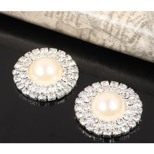 2016New 50Pcs 20mm Double Rows Rhinestone Round Pearl Buttons for DIY Hair Accessories BT15