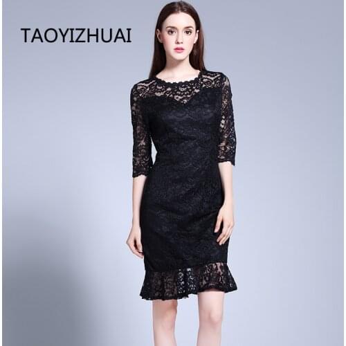 TAOYIZHUAI new arrvial casual style black lace dress plus size o neck loose waist half sleeves hollow out solid party 11506