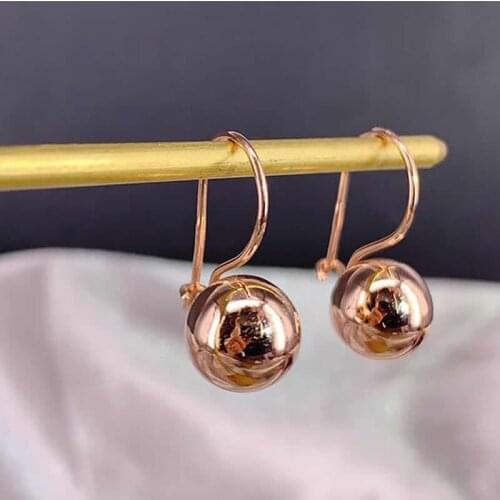 New Pure 18K Rose Gold Earrings Women AU750 Gold Smooth Ball Dangle Earrings