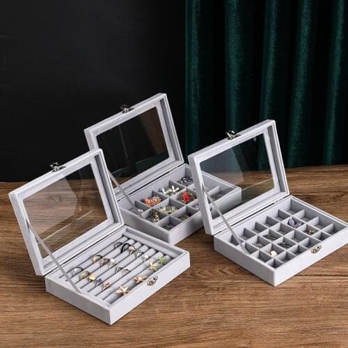 HOSENG 7.88 x 5.91 x 1.97 Inch Grey Black Fashion Portable Velvet Jewelry Ring Storage Showcase Display Organizer Box HS_478