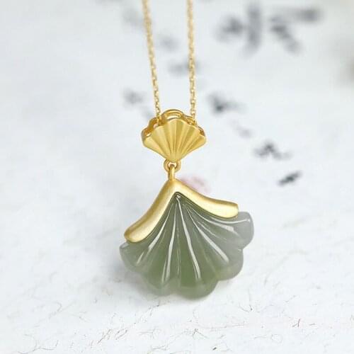 Original S925 Sterling Silver Hetian Jade White Jade Shell Fan Pendant Personalized Antiquity All-Match Apricot Leaf Pendant Orn
