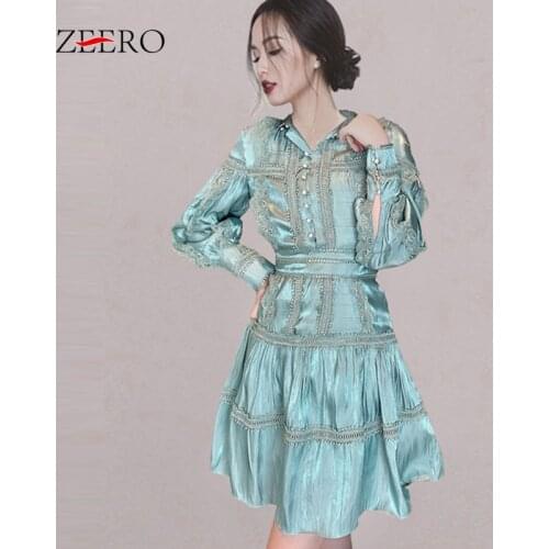 Autumn Women Stand-up Collar Long Lantern Sleeve Pleated A-Line Mini Dress Female Vintage Lace Embroidery Beading Slim Dresses