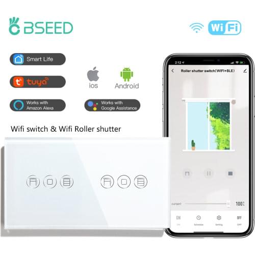 Bseed WIFI Shutter Switches Double Wall Smart Blind Crystal Touch Screen Roller Shutter Switches Wireless Smart Life TUYA App