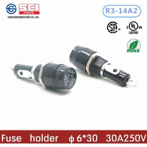 R3-14A2/Taiwan SCI Fuse Holder/phenolic (UL flame:94V-1)/ 30A 250V 6*30mm/fuseboxes/2pcs in pack/no fuse inside