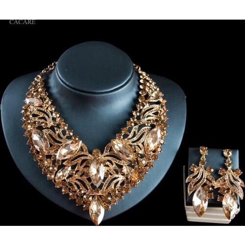 Luxury Dubai Gold Jewelry Sets Women Big Necklace Earring Set Indian Jewellery F1132 Rhinestone Party Jewels 3 Colors CACARE