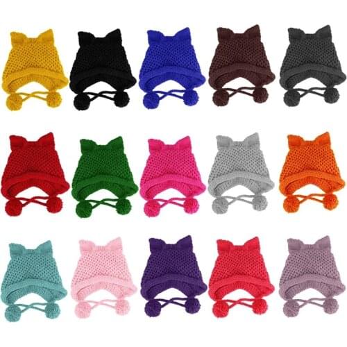 Women Winter Chunky Knit Beanie Hat Cute 3D Cat Ears Solid Color Windproof Warm Earflap Cap with Pompom Chin Strap