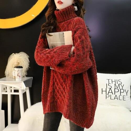 Turtleneck Sweater Womens Winter Long Loose Korean Style Lazy Sweater 2021 New Knitted Warm Solid Color Base Shirt