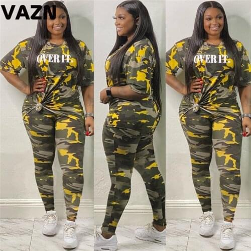 VAZN 2020 Autumn High Quality Camouflage Casual Plus Size Young Half Sleeve Knee Length Tracksuits Slim Women 2 Pieces Set