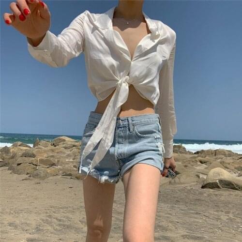 Y2K 2021 Women Traf Summer Tie-up Shirt Adults Solid Color Long Sleeve Turn-down Collar Cardigan